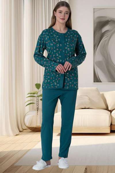 Yeşil %100 Pamuk Büyük Beden Önden Düğmeli Pijama Takımı