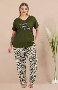 Lady - Yeşil Büyük Beden Kısa Kollu Desenli Pijama Takımı