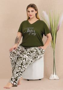 Lady - Yeşil Büyük Beden Kısa Kollu Desenli Pijama Takımı (1)