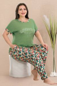 Lady - Yeşil Büyük Beden Kısa Kollu Desenli Pijama Takımı