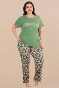 Lady - Yeşil Büyük Beden Kısa Kollu Desenli Pijama Takımı (1)