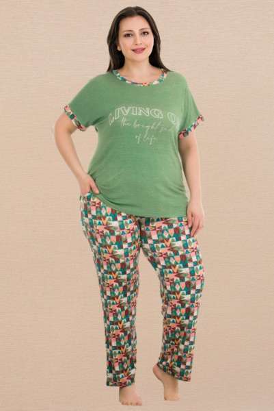 Yeşil Büyük Beden Kısa Kollu Desenli Pijama Takımı