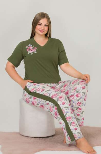 Lady - Yeşil Çiçekli Kısa Kollu Büyük Beden Pijama Takımı (1)