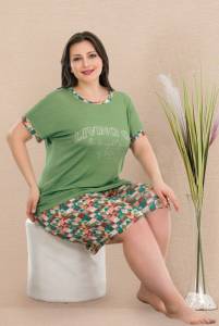 Lady - Yeşil Kısa Kollu Büyük Beden Desenli Şort Takımı