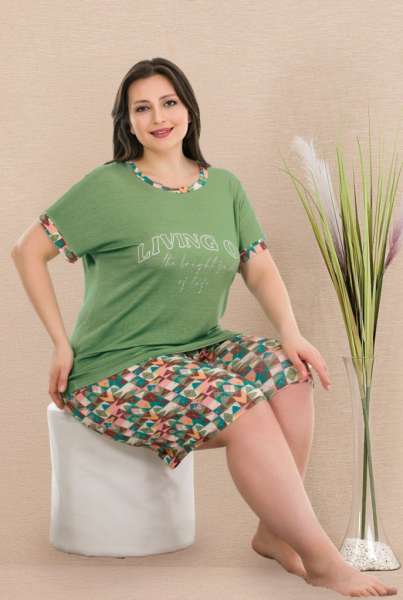 Yeşil Kısa Kollu Büyük Beden Desenli Şort Takımı