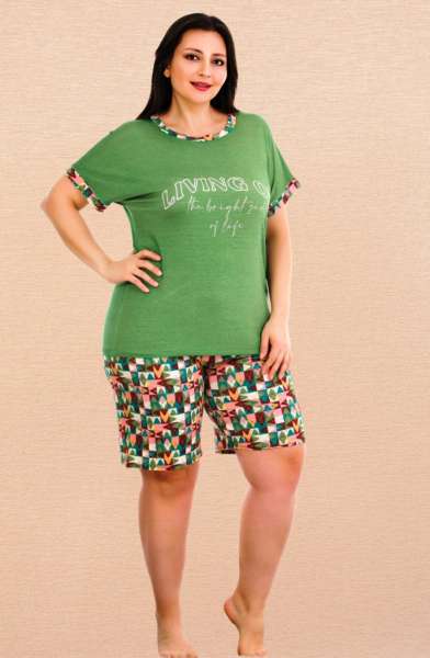 Yeşil Kısa Kollu Büyük Beden Desenli Şort Takımı