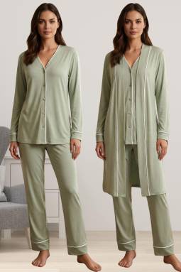 Effortt - Yeşil Sabahlıklı Hamile Lohusa Pijama Takımı