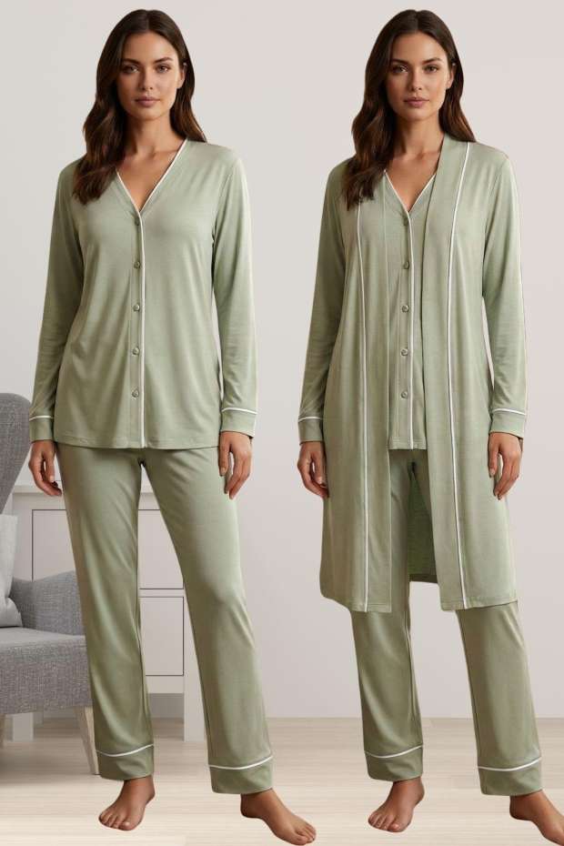 Yeşil Sabahlıklı Hamile Lohusa Pijama Takımı