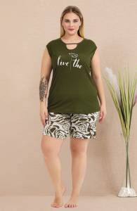 Lady - Yeşil Sıfır Kol Büyük Beden Desenli Şort Takımı (1)
