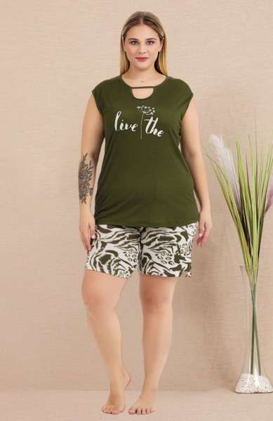 Yeşil Sıfır Kol Büyük Beden Desenli Şort Takımı