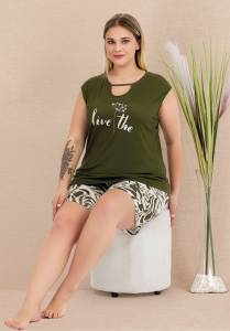 Lady - Yeşil Sıfır Kol Büyük Beden Desenli Şort Takımı
