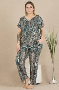 Yılan Desenli Büyük Beden Kısa Kollu Pijama Takımı - Thumbnail