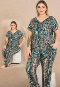 Yılan Desenli Büyük Beden Kısa Kollu Pijama Takımı - Thumbnail