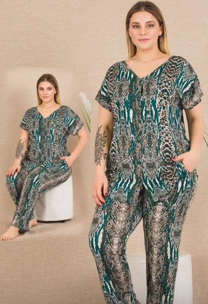 Yılan Desenli Büyük Beden Kısa Kollu Pijama Takımı