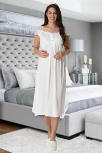 Zarif Dantelli Kısa Kollu Hamile Lohusa Gecelik - Thumbnail