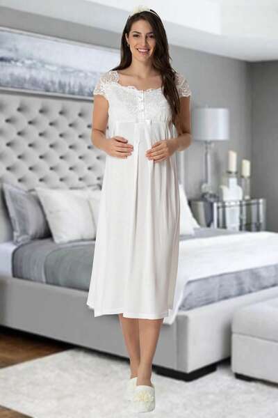 Zarif Dantelli Kısa Kollu Hamile Lohusa Gecelik