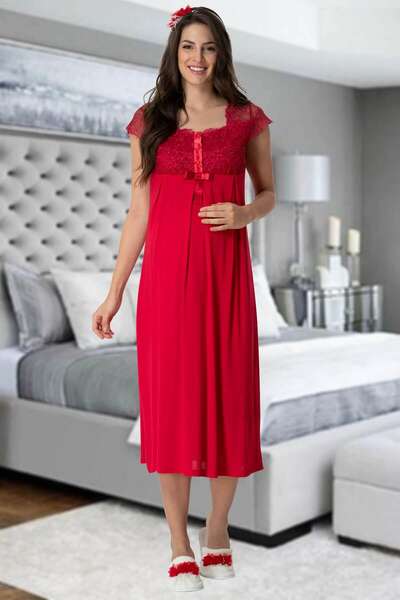 Zarif Dantelli Kısa Kollu Hamile Lohusa Gecelik