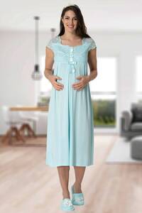 Zarif Dantelli Kısa Kollu Hamile Lohusa Gecelik - Thumbnail