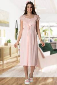 Zarif Dantelli Kısa Kollu Hamile Lohusa Gecelik - Thumbnail