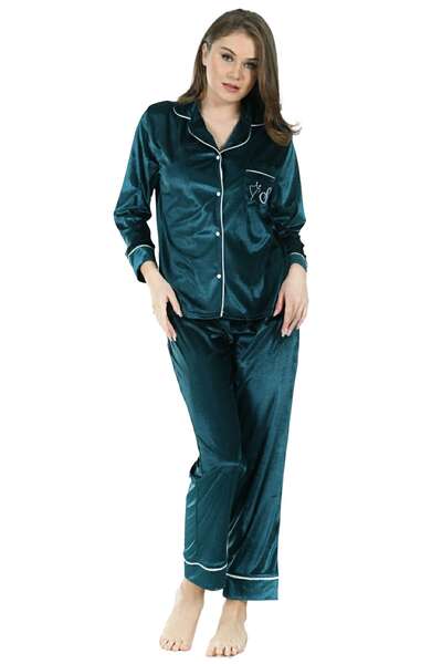 Zümrüt Yeşil Kadife Kadın Pijama Takım